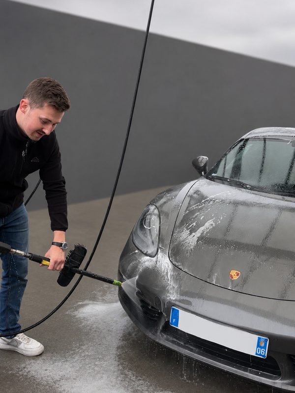 Julien nettoie l'avant d'une Porsche au nettoyeur haute pression